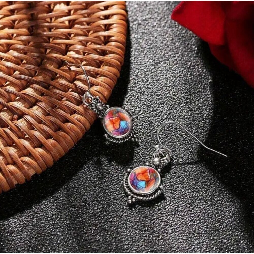 Vintage Silver Drop Earrings Aurora Borealis Crystal Iridescent Boho Dangle - Picture 5 of 5